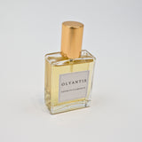 Olyantis's Espíritu Flamenco 60 ml perfume glass bottle with gold cap in an angle, on a white background.