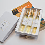 Olyantis's Travel Set of 3x 10 ml perfume glass bottles in its box on Jules Vernes’s book  “Cinq Semaine en balon”. 
